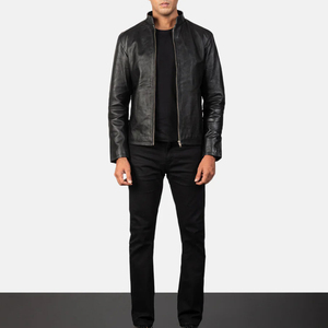 Veste de moto en cuir véritable imperméable pour homme EXONE INDUSTRIES, col montant, fermeture éclair, coupe ajustée, noir, taille standard - Product Image 2