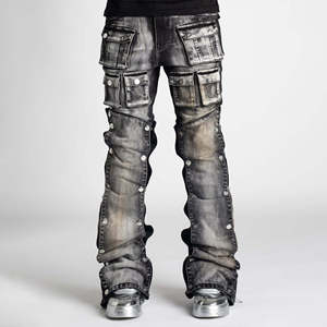 Pantalon cargo en jean pour homme, coupe ample, en coton délavé, style hip-hop, couleur unie avec décoration boutonnée, idéal pour l'automne - Product Image 6