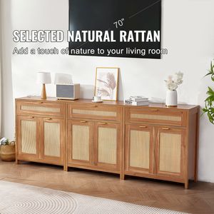 Set di 3 Mobili Contenitori Regolabili in Rattan con 6 Ante Magnetiche e 3 Cassetti, Credenza Buffet con Funzione di Montaggio Rapido - Product Image 2