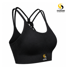 Sujetador deportivo negro con tiras para mujer, con paneles de malla, espalda cruzada, relleno extraíble y banda de soporte ancha para yoga y gimnasio - Product Image 4