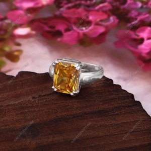 Anillo de Boda de Latón con Circonita Amarilla, Corte Esmeralda, Hecho a Mano, Plateado, Unisex, Todas las Tallas, Joyería al por Mayor, Regalo - Product Image 6