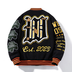 <b>Men's</b> Winter Embroidered <b>Baseball</b> Letterman Varsity Bomber <b>Jacket</b> Front Logo Stand Collar 100% Wool Slim Fit Sporty - Product Image 3