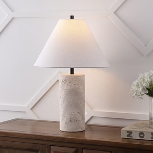 Lámpara de mesa de lujo de piedra travertino con base cilíndrica texturizada, pantalla de tela, iluminación ambiental suave para decoración moderna del hogar. - Product Image 2
