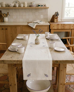 Wholesale Customized Vintage White Linen Table <b>Runners</b> Embroidered Lavender Hemstitch <b>Washable</b> Durable for Wedding Restaurant - Product Image 4