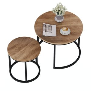 Nesting Coffee Table Set of 2 for Living Room Round Wooden Top & Matte Black Metal Base Space Saving Modern Coffee Tables - Product Image 2