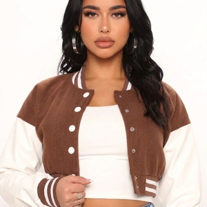 Veste bomber courte pour femme, style universitaire, color block, manches longues, col montant, boutonnée sur le devant, pour l'automne - Product Image 5