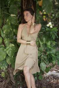 Vestido Midi de Algodón Beige Estilo Boho para Mujer, Cuello en V Profundo, Sin Mangas, Casual, para Playa o Verano - Product Image 3