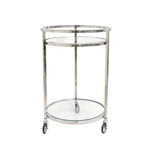 Chariot de service à boissons en métal fait main de qualité export avec cadre doré élégant, étagères de rangement en verre et roulettes - Product Image 1