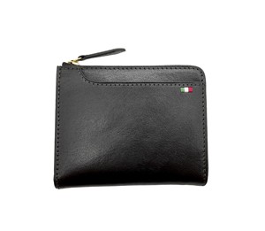 Article populaire : Portefeuille minimaliste unisexe en cuir italien tanné végétal Castello, forme en L, fermeture éclair YKK, court, noir/marron, broderie drapeau - Product Image 2