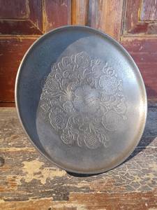 Vintage Norwegian Tableware - Stunning Pewter <b>Cake</b> <b>Stand</b> with Folk Art Rosemaling - Product Image 2