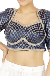 Blue Embroidered Silk Blouse <b>Crop</b> <b>Top</b> Woven Patchwork <b>Sequined</b> Button Detail Wedding Women - Product Image 2