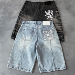 Embroidery <b>Customized</b> Sample Stone Washed Wide <b>Balloon</b> Leg Denim Shorts Baggy Fit Sun Fade 100% Cotton Summer Men - Product Image 2