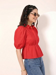 Summer Cotton Tops Elastic Waist Breathable <b>Shirts</b> Office Daily Wear Casual Blouse <b>Button</b> Lady Casual Cotton Peplum <b>Shirt</b> Top - Product Image 2