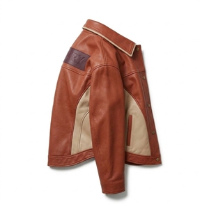 Veste en cuir véritable pour femme, style camionneur, couleur bloc crème cognac rouille, panneau incurvé, boutons-pression, col pointu, manteau streetwear élégant - Product Image 3