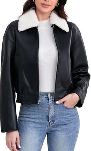 Veste bomber en cuir PU noir pour femme avec col en fausse fourrure, fermeture éclair, manches longues, style hiver, couleur unie, veste en cuir - Product Image 2
