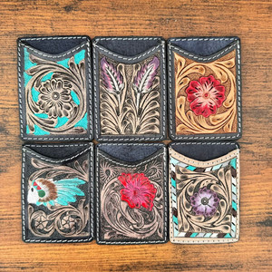 Custom Branded <b>Tooled</b> <b>Leather</b> Credit Card Holders Pink Floral Card Case Western Genuine <b>Leather</b> Pocket Wallet Gift for Him & Her - Product Image 2