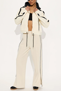 Women's two tone black ivory contrast zipper hoodie <b>pants</b> tracksuit set loose fit trouser black <b>line</b> piping tracksuit set - Product Image 4