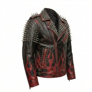 Blouson en cuir noir pour homme, style motard, avec broderie tête de mort et patch dorsal, streetwear vintage, type bomber Cafe Racer - Product Image 4