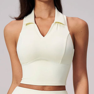 T-shirt court de sport athlétique pour femme, à haute compression, ajusté, sans manches, col polo, bas côtelé, anti-transpiration - Product Image 6