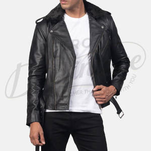 Veste de motard en cuir noir premium pour homme, en véritable peau de mouton, avec fermeture éclair asymétrique et col en fausse fourrure amovible - Product Image 1