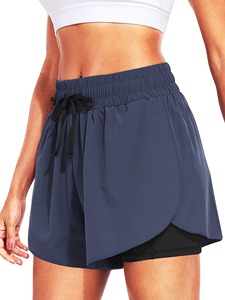 Shorts en tricot bleu marine pour femmes, taille haute, cordon élastique, sportif, séchage rapide, coupe régulière, couleur unie - Product Image 5