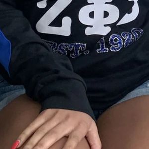 Zeta Phi Beta Off Shoulder Shirt Women Black Long Sleeve <b>Sequin</b> Heart Graphic Casual Sorority Stylish Fashion <b>Top</b> - Product Image 2