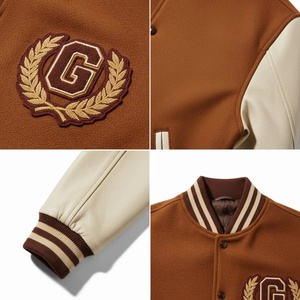 แจ็คเก็ตหนังสีน้ำตาลสำหรับผู้ชายจาก Furat Leathers แบบ Varsity ปักโลโก้ G ด้านหน้า กันลม ระบายอากาศได้ดี คุณภาพสูง สไตล์ Preppy สำหรับฤดูหนาว - Product Image 3