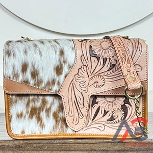 New Arrival Luxury Handmade Hair On Cowhide Genuine <b>Leather</b> Crossbody Bag <b>Tooled</b> Floral Western Women's Shoulder Messenger Bag - Product Image 1