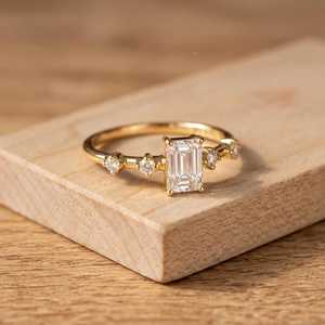 Emerald And Round Cut Diamond <b>Ring</b> Women Lab Grown Diamond Dainty Style Side Diamonds 10K 14K 18K Solid Gold IGI Certified - Product Image 4