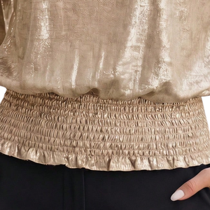 Women's Golden Polyester Satin Loose Autumn Blouse with Hubble-<b>Bubble</b> Sleeves O-Neck Elastic Waist Ruffles XL Chic Party Wear - Product Image 6