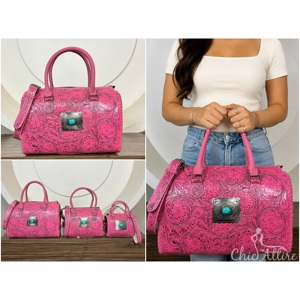 OEM ODM Personalized Handcrafted Genuine Cow <b>Leather</b> Large Speedy Bag With Turquoise Concho Floral Pattern Crossbody Duffle Bag - Product Image 1