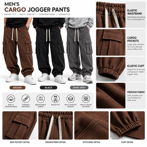 Pantalon cargo jogger pour garçons, coupe ample, taille élastique mi-haute, multi-poches, style streetwear, personnalisable OEM, marque privée, teinture unie - Product Image 2