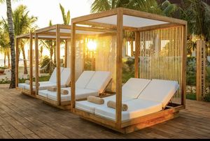 Lit de repos en teck avec coussins en mousse, chaise longue d'extérieur, lit à baldaquin de style tropical pour patio - Product Image 2
