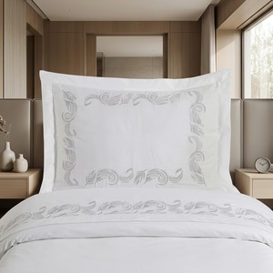 Parure de lit de luxe en coton brodé argenté, ensemble de literie élégant à motifs festonnés, draps de lit blancs doux pour hôtel, taies d'oreiller - Product Image 3