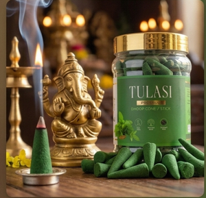 Cône d'encens Tusli Dhoop en pot, encens de qualité supérieure Tulasi, cônes verts biologiques pour usage religieux indien toute saison avec pot doré - Product Image 1