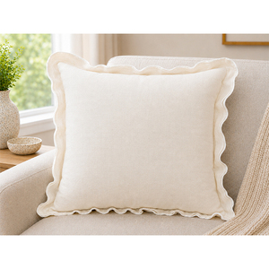 Housse de coussin en lin de qualité supérieure avec bordure à volants ondulés et passepoil contrastant |   Coussin carré décoratif vert sauge pour canapé et maison - Product Image 4