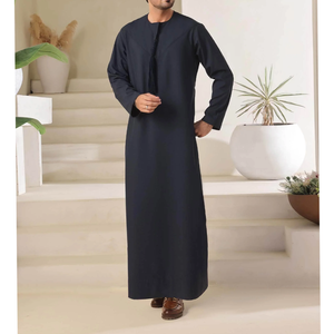 <b>Men's</b> Navy Blue <b>Thobe</b> Long Sleeve Stand Collar Modest Prayer Wear Cotton Floor Length All Seasons Middle East Style - Product Image 2