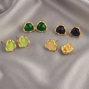 Trendy Prehnite Chalcedony Gemstone Stud Brass 18k Gold Plated Stud Earring Anti Tarnish Fancy Earring Wholesale Fashion Jewelry - Product Image 3