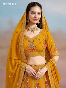 <b>Top</b> Quality Georgette with Floral Embroidery work & Panel Style & Semi-Stitched Sunlit Mustard Lehenga-Choli Set Indian Exporter - Product Image 2