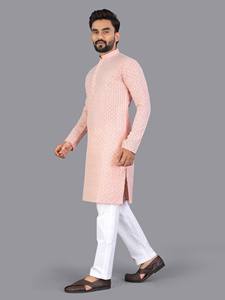 HENIXA CREATION – T-shirt homme respirant en coton de qualité supérieure, style chicankari Lucknowi, avec broderie Schiffli et sequins mats, séchage rapide, idéal pour les fêtes - Product Image 3