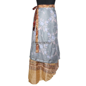 New Beach <b>Long</b> Wrap <b>Skirt</b> Floral Print Wrap Around <b>Skirt</b> Women Wear Vintage Silk Sari <b>Long</b> Length Wrap Around <b>Skirt</b> 2 Layer Sari - Product Image 3