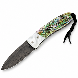 Mehrfarbige grün-blau-weiße Klappmesser mit Perlmuttmuster-Griff, Damastmuster-Klinge und schwarzem Lanyard für den täglichen Gebrauch im Freien - Product Image 3