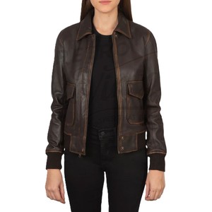 Women Brown Distressed Real <b>Leather</b> <b>Jacket</b> Shirt Collar Slim Fit Premium Sheepskin Casual Winter Bomber Outerwear Fashion Coat - Product Image 1