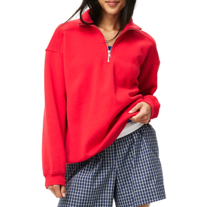 Custom Soft 400gsm Cotton Fleece Patch Embroidery <b>Women's</b> Red Fleece <b>Quarter</b>-<b>Zip</b> <b>Sweatshirt</b> Regular Fit - Product Image 1