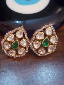 <b>studs</b> <b>earrings</b> in leaf design with green doublet and polki stone in <b>silver</b> 925 material for bridal gold layered in handmade <b>stud</b> - Product Image 5