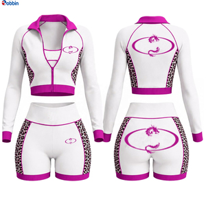 Conjunto Deportivo de 2 Piezas para Mujer, Estilo Hip Hop, Negro con Estampado de Leopardo Rojo, Chaqueta con Cremallera de Manga Larga y Pantalones Cortos, Ropa Deportiva para Primavera/Verano - Product Image 5