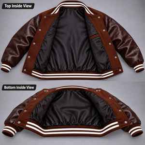 Men's <b>Brown</b> Varsity <b>Jacket</b> Woolen Body <b>Leather</b> Sleeves Turn-down Collar Casual Autumn Outerwear Regular Fit - Product Image 3