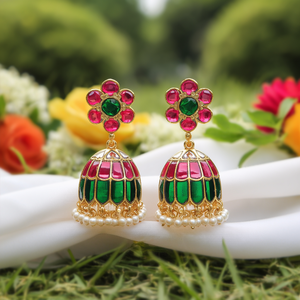 18K Gold Plated Pearl and Diamond Jadau Jhumki <b>Earrings</b> for Wedding and Party - Product Image 3