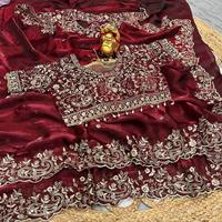 Sari en soie satinée traditionnel indien, élégant et magnifique, brodé avec des fils Zari, pour les occasions de fête et de mariage, pour femmes