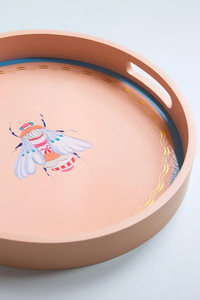 Plateau de service rond rose avec bord bleu, plateau décoratif pour boissons, élégant accessoire de décoration pour la maison, organisateur de petit-déjeuner et de produits de beauté, cadeau élégant - Product Image 3